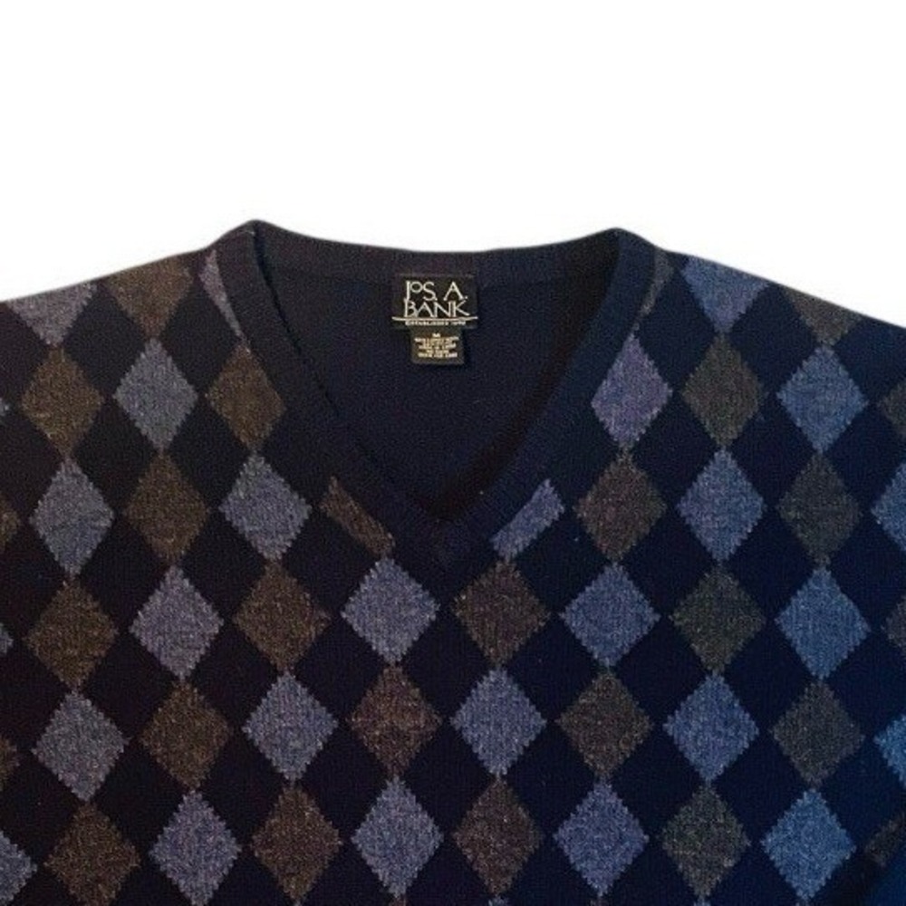 Jos. A. Bank Argyle Sweater Mens Medium Navy Blue Lambswool V-Neck Pullover